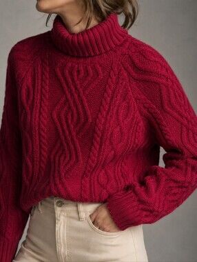 Paul James Red Wool Cable Knit Turtleneck Sweater England Womens Size Medium